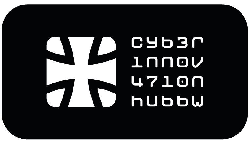 Ein schwarzes Rechteck mit einem weißen geometrischen kreuzähnlichen Muster auf der linken Seite und stilisiertem weißem Text auf der rechten Seite, der lautet: "Cyber Innov 4710n Hubb.".