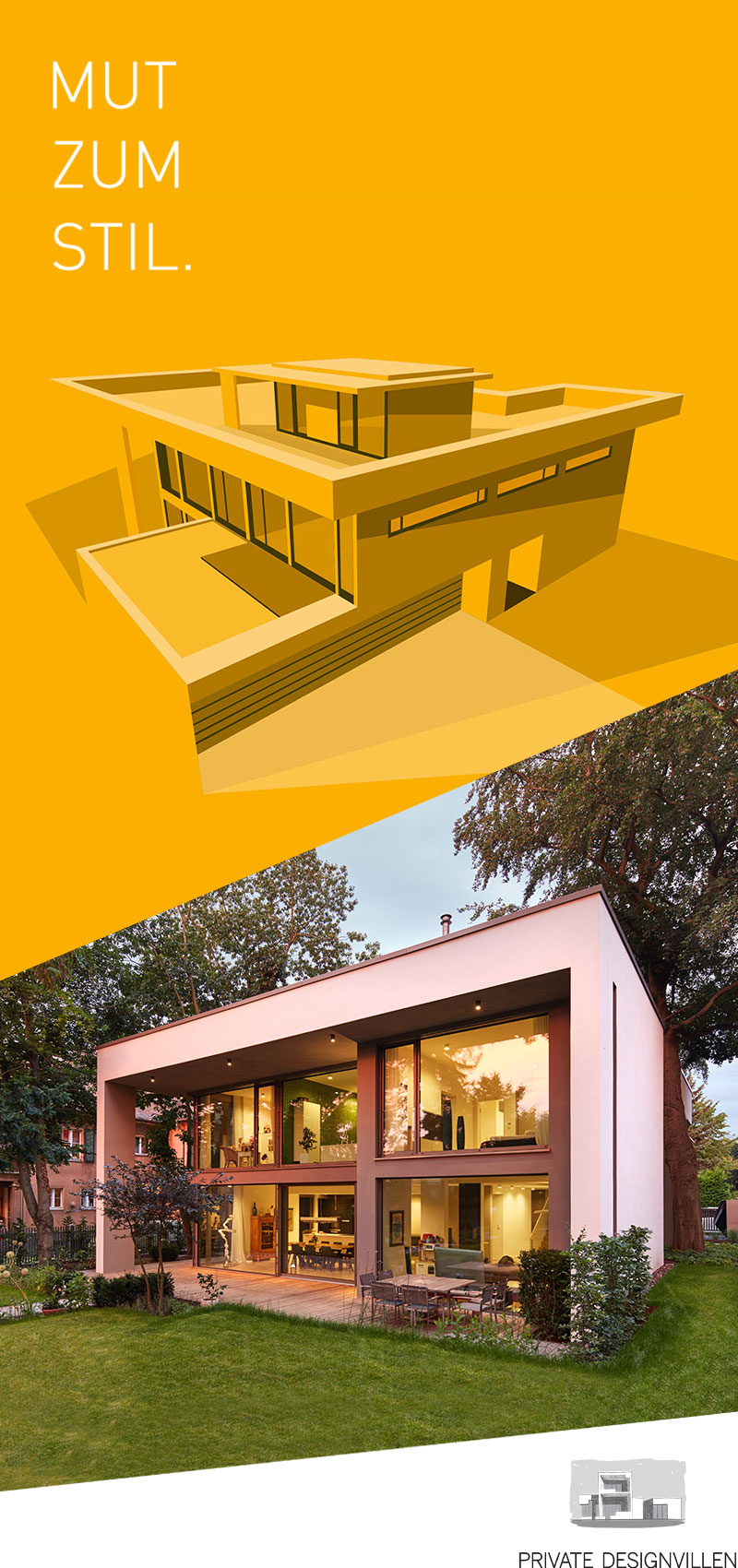 Eine moderne Villa mit großen Glasfenstern und minimalistischem Design ist unter einer gelben Grafik eines ähnlichen Hauses abgebildet. Der Text lautet „MUT ZUM STIL.“ und „Vollblut Private Designvillen.“.