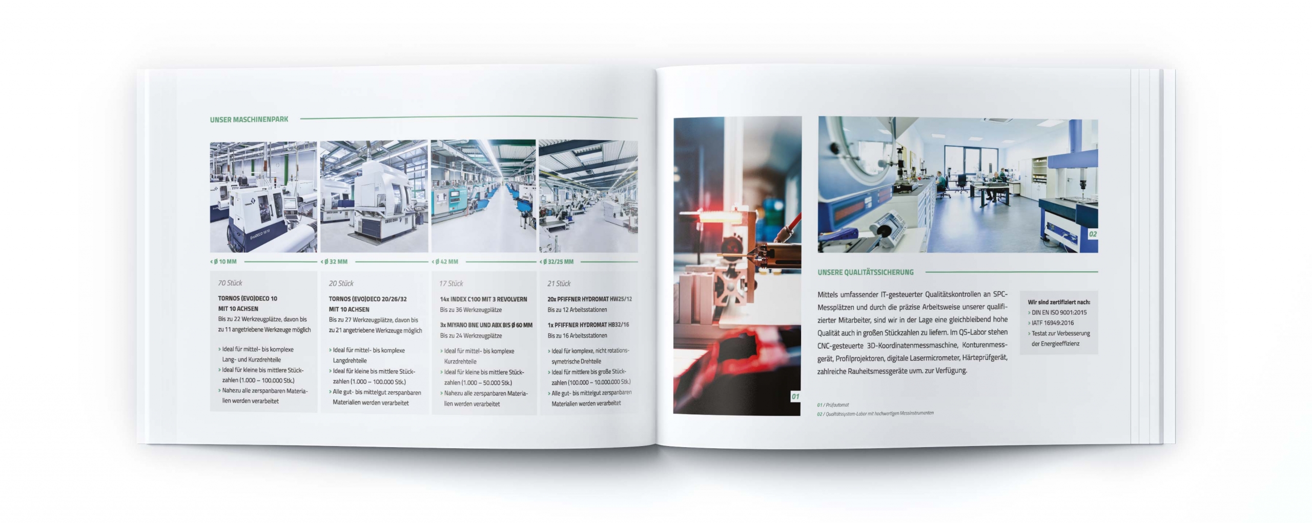 Ein aufgeschlagenes Magazin zeigt auf einer Doppelseite Bilder moderner Industrie- oder Laboranlagen, mit Textblöcken und Bildunterschriften in deutscher Sprache, die „Vollblut Herbrig Präzisionsdrehteile“ hervorheben.