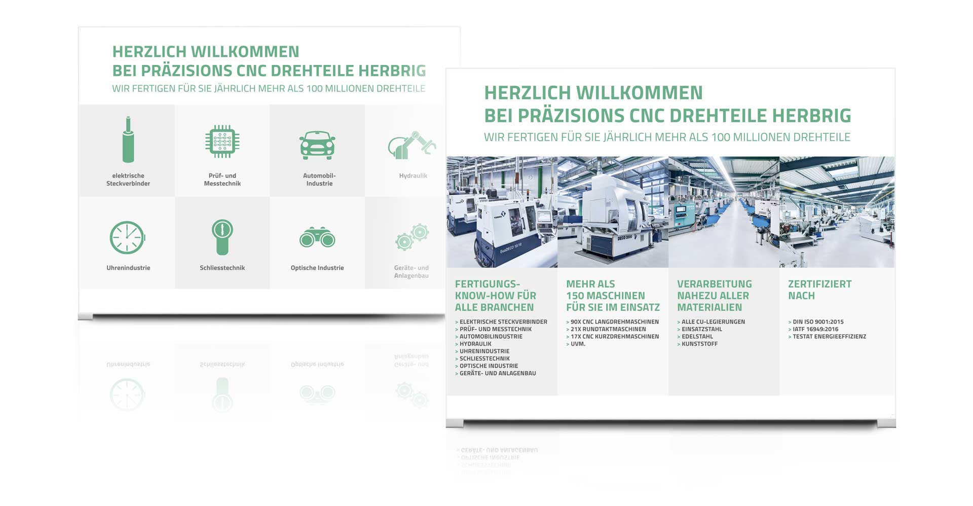 Zwei Präsentationsfolien in deutscher Sprache heißen Sie bei Vollblut Herbrig Präzisionsdrehteile willkommen und zeigen Symbole für verschiedene Branchen und Fotos einer Industrieanlage mit hochmodernen Maschinen und Fertigungsanlagen.