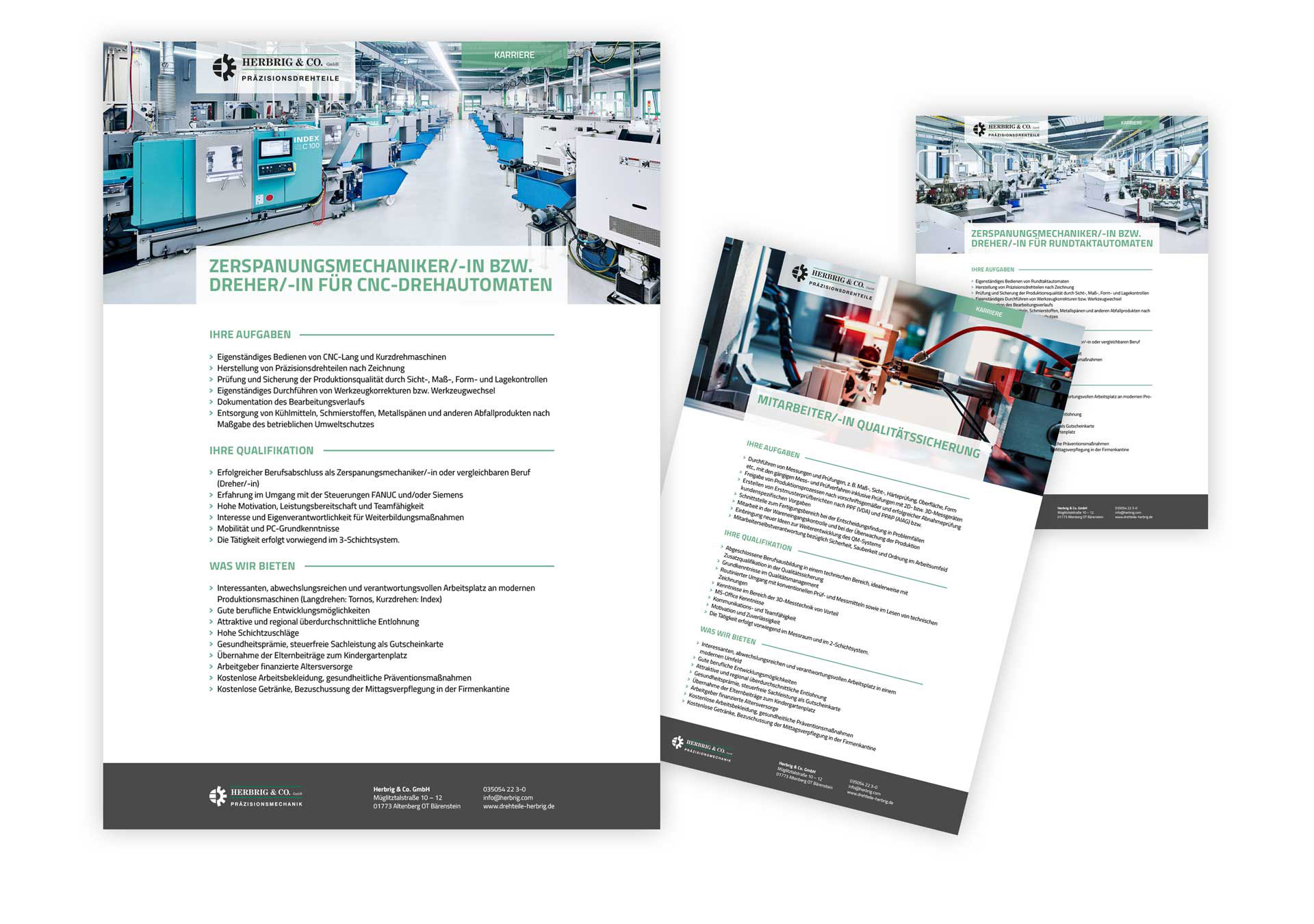 Drei Stellenausschreibungen für Vollblut Herbrig Präzisionsdrehteile, ein Fertigungsunternehmen, zeigen Bilder einer modernen Fabrik, CNC-Maschinen sowie eine Liste der Aufgaben und Vorteile auf Deutsch. Die Flyer sind in klarem Weiß und Grün gestaltet.