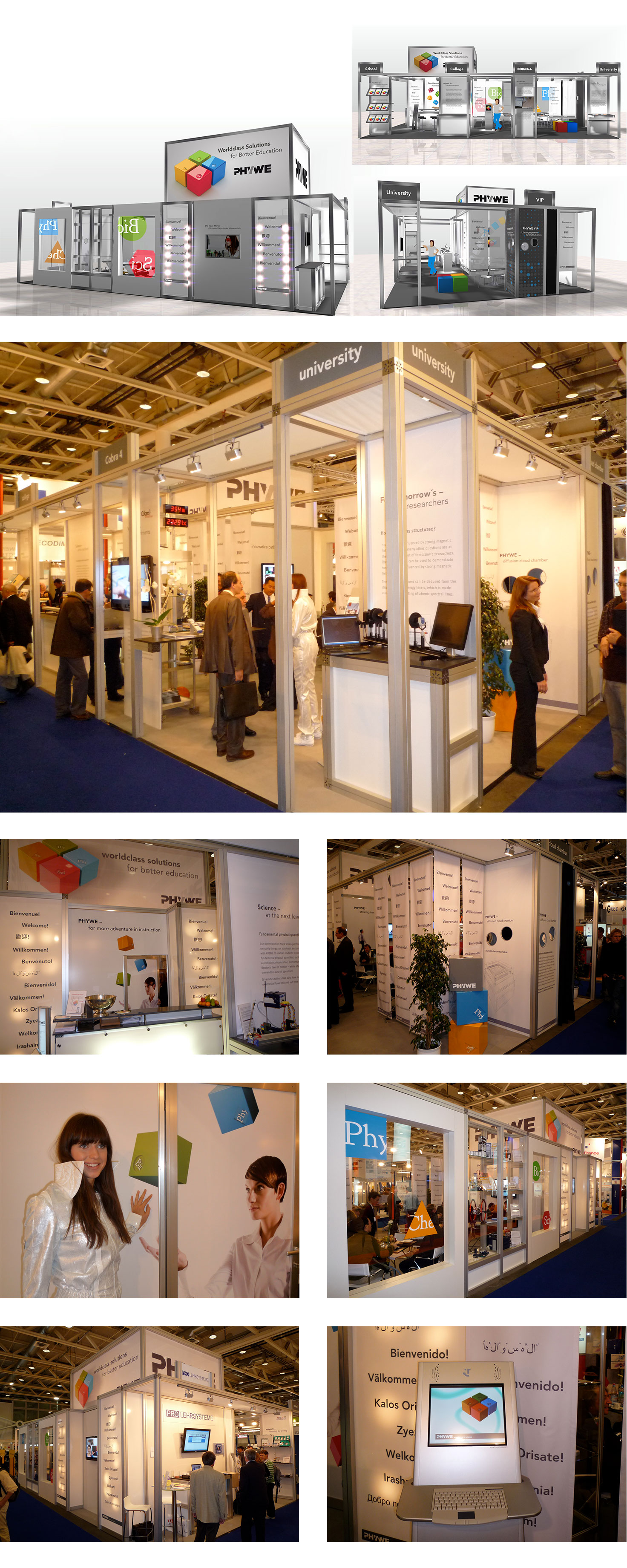 Vollblut_Phywe_08 Eine Fotoserie zeigt einen modernen Messestand mit Informationsgrafiken, interaktiven Phywe Systeme-Displays und teilnehmenden Personen bei einer wissenschaftlichen oder universitären Veranstaltung. Der Stand verfügt über große Banner, Demostationen und mehrsprachige Begrüßungsbotschaften.