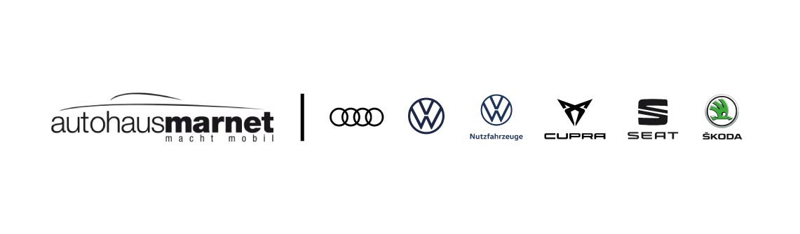 Links das Logo von Autohaus Marnet mit dem Text „macht mobil“, der den Service „Vollblut Kunden“ hervorhebt, gefolgt von einer vertikalen Linie und Logos für Audi, Volkswagen, Volkswagen Nutzfahrzeuge, Cupra, SEAT und Škoda auf weißem Hintergrund.