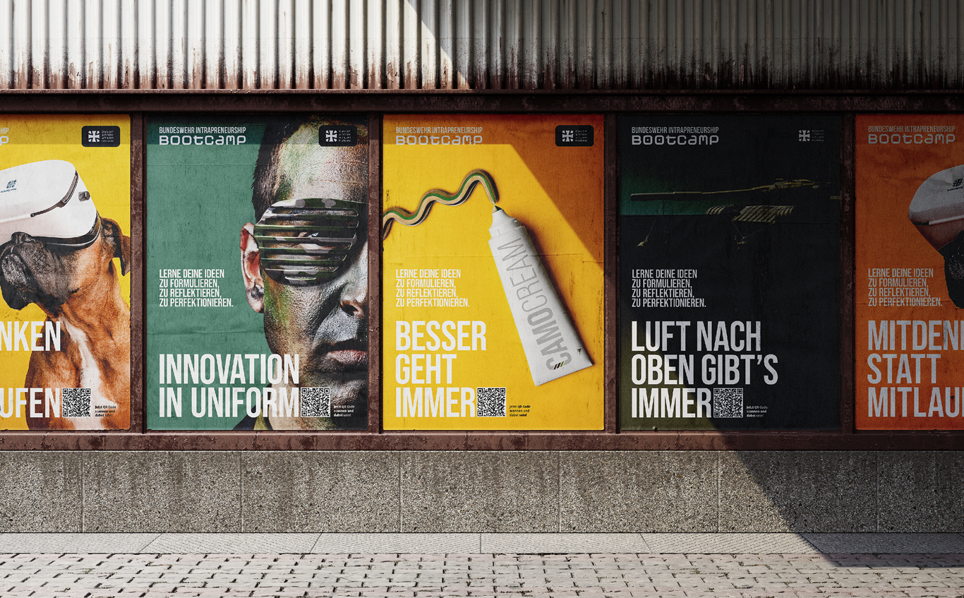 Eine Reihe farbenfroher Plakate an einer Wand, jedes mit fettgedrucktem deutschen Text, QR-Codes und stilisierten Bildern - darunter eine Person mit visierähnlicher Sonnenbrille und einer "CAMOCREAM"-Röhre - werben für eine futuristische Veranstaltung oder ein Produkt von Geithe & Ußner Hygienefachhandel.