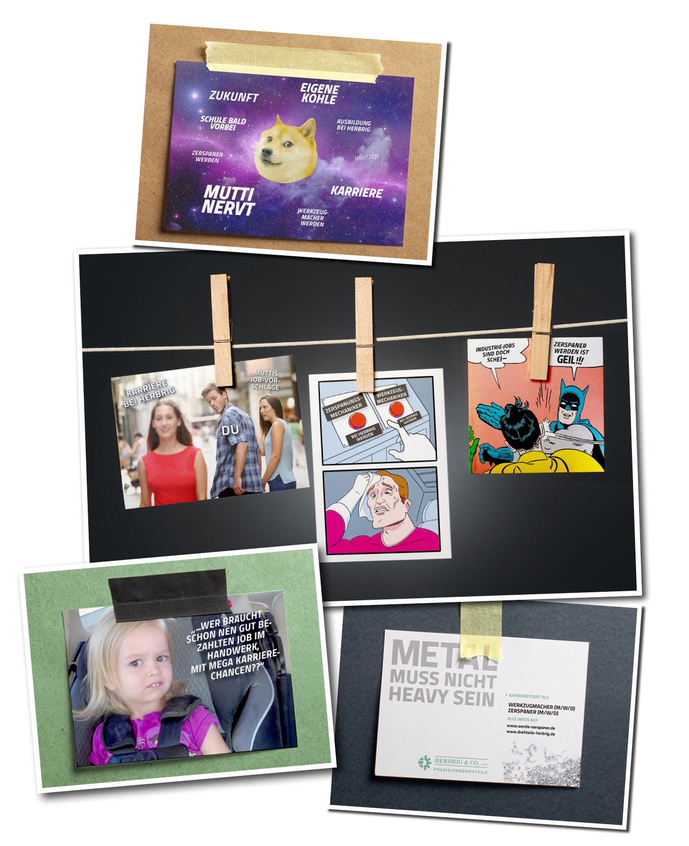 Eine Collage aus Memes und Fotos, die auf Tafeln geklebt sind, darunter Doge, ein abgelenkter Freund, ein Slap-Mem, ein verwirrtes Mädchen und eine Visitenkarte. Die Texte beziehen sich auf Geld, Karrieren, Eltern und Heavy Metal.