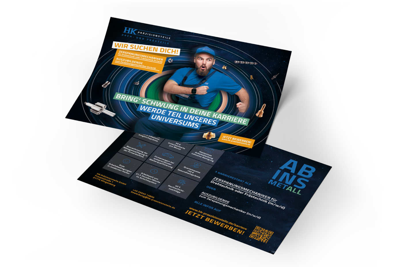 Ein Einstellungsflyer in deutscher Sprache, der einen überraschten Mann in blauer Uniform vor einem Hintergrund mit Raketen und Schrauben zeigt. Der Text fordert zur Bewerbung um einen Ausbildungsplatz in der Metalltechnik auf.