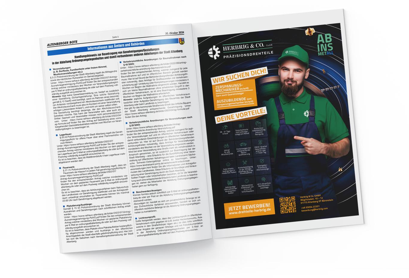 Ein aufgeschlagenes Magazin zeigt auf der linken Seite eine Seite mit dichtem Text und auf der rechten Seite eine ganzseitige Stellenanzeige. Die Anzeige zeigt einen lächelnden Mann in grüner Arbeitskleidung, der auf einen Text über Stellenangebote bei HERBRIGG & CO. zeigt.