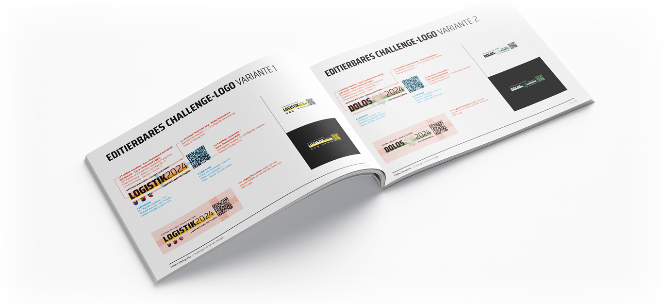 Ein aufgeschlagenes Booklet mit Logodesign-Varianten und Beschreibungen für das EDITIERBARES CHALLENGE-LOGO. Die Seiten enthalten mehrere bunte Logos, QR-Codes und erklärende Texte auf weißem Hintergrund.