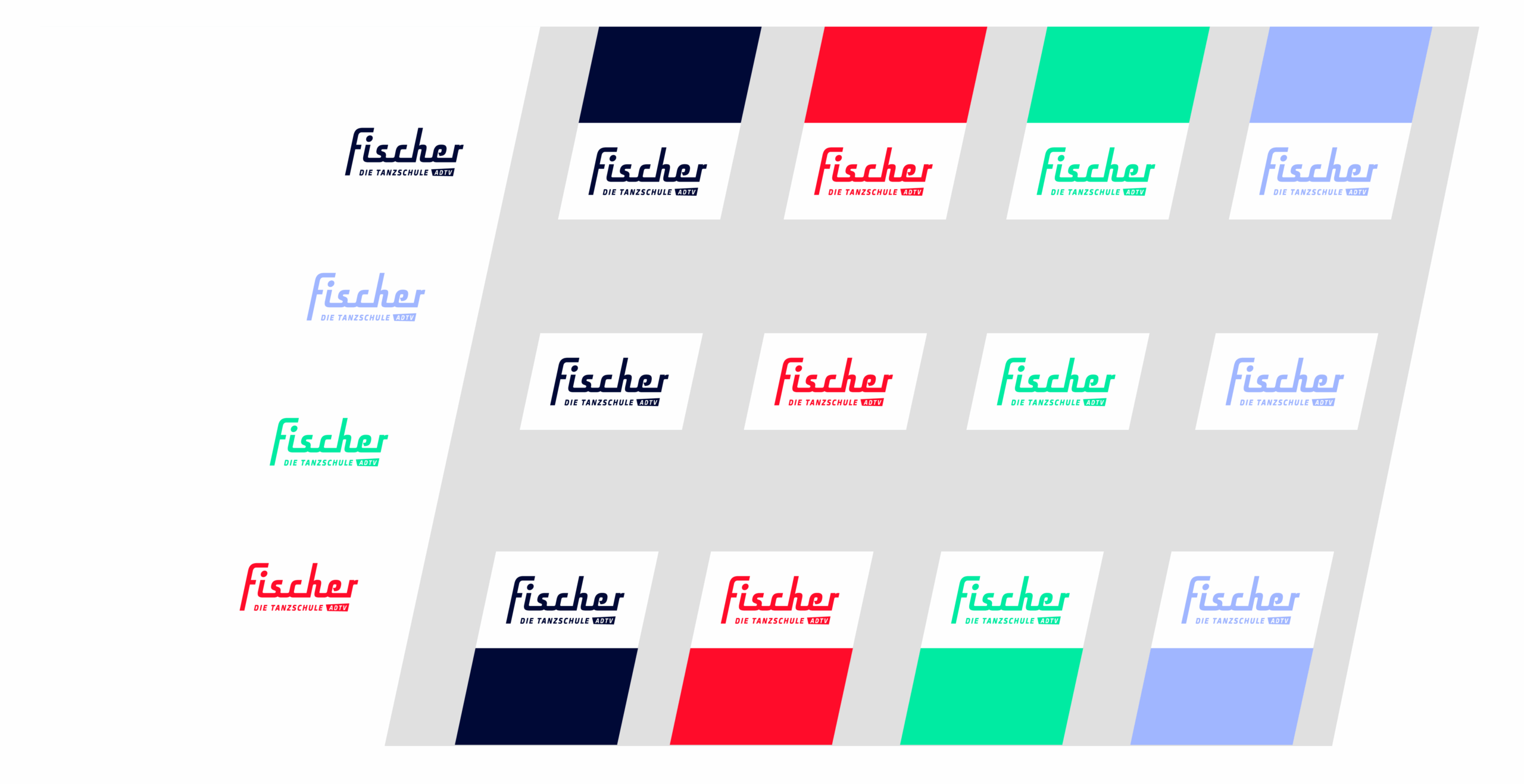 Ein Raster, das das fischer-Logo in verschiedenen Farbkombinationen (schwarz, rot, grün und blau) auf weißem, schwarzem, rotem, grünem und blauem Hintergrund zeigt - mit dem Slogan Die Innovation führt darunter. Inspiriert von Baumdienst Schallers Auge für lebendige Präsentation.